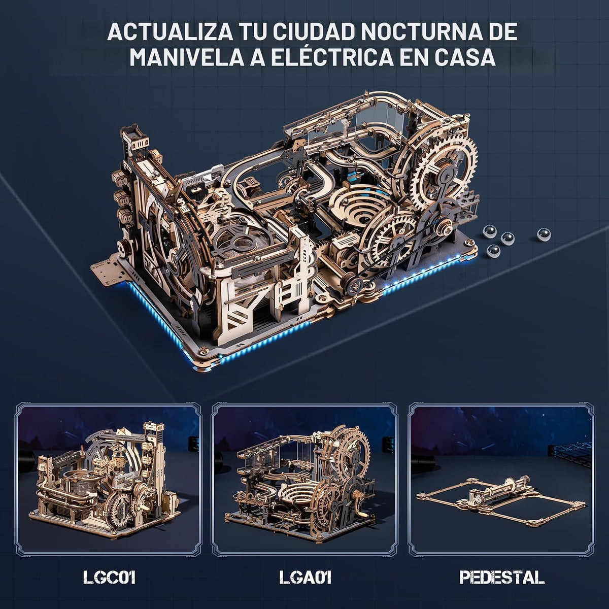 ROKR Pista de Canicas Eléctrica de Madera 3 en 1, Rompecabezas 3D para Adultos, Kits de Juguetes de Construcción de Modelos de Madera, Regalo Ideal para Chicos y Hombres