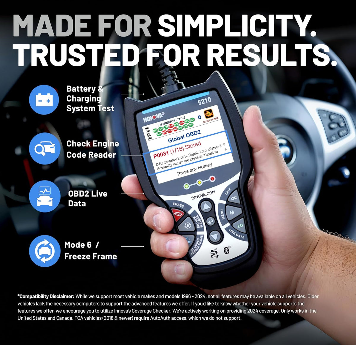 Innova 5210 - Escáner OBD2 y lector de códigos de motor, probador de batería, datos en vivo, reinicio de aceite, herramienta de diagnóstico para la mayoría de los vehículos, compatible con Bluetooth