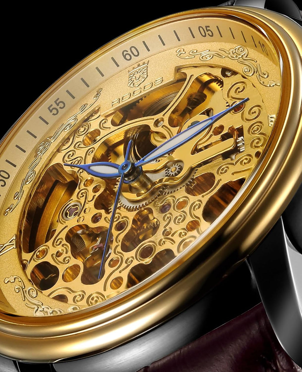 ROCOSJEWE Reloj mecánico automático para hombre, reloj de lujo retro esqueletizado dorado correa marrón con cierre de mariposa luminoso y resistente al agua regalo