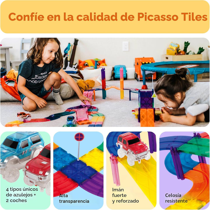 PicassoTiles Juego de azulejos magnéticos para carreras de autos em...