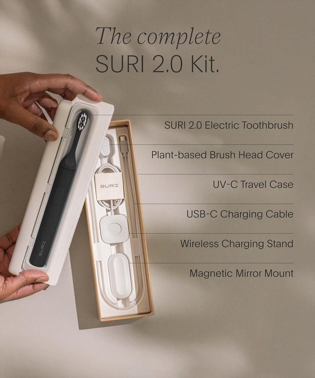 SURI Pro Sonic Cepillo de dientes eléctrico | Batería de más de 4 semanas | Estuche de viaje de limpieza UV | Sensor de presión | Cuerpo de aluminio | Temporizador de 2 minutos | Cabeza a base de