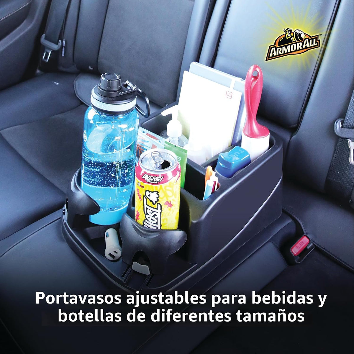 Armor All Organizador de consola de automóvil, organizador de asiento de automóvil con 2 portavasos ajustables, 3 compartimentos de almacenamiento grandes, cinturón de seguridad para sujeción segura