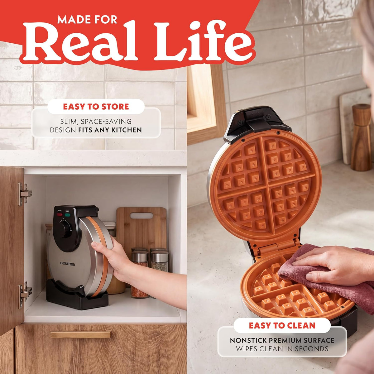 Gourmia - Máquina de waffles belga con control de tostado ajustable, placas antiadherentes, luces indicadoras de lista y potencia, almacenamiento vertical compacto, asa de tacto frío