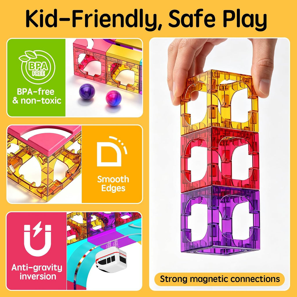 Juego de bloques de construcción magnéticos 3 en 1, 92 piezas, azulejos magnéticos, carrera de pelota y pista de tren de carreras, juguete educativo STEM para niños a partir de 3 años