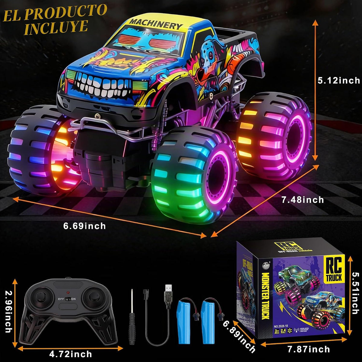 Camión monstruo de juguete a control remoto para niños, escala 1:20, 2.4 GHz, auto RC con luces, camión RC recargable todo terreno con 2 baterías recargables, regalo de juguete, cumpleaños, Navidad