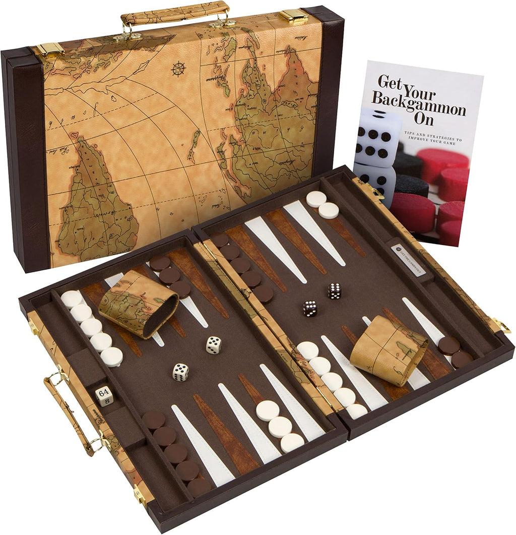 Get The Games Out Juego de Backgammon, Estuche de Juego de Mesa Clásico, 2 Jugadores, Incluye Guía de Estrategia y Consejos, Perfecto para Fiestas y Noches de Juego Familiares - Grande, Mapa