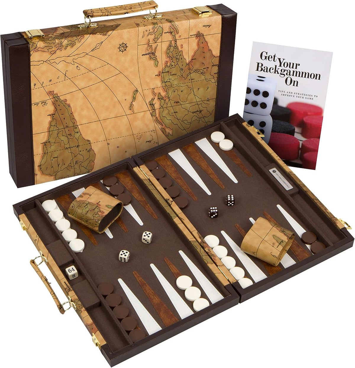 Get The Games Out Juego de Backgammon, Estuche de Juego de Mesa Clásico, 2 Jugadores, Incluye Guía de Estrategia y Consejos, Perfecto para Fiestas y Noches de Juego Familiares - Grande, Mapa