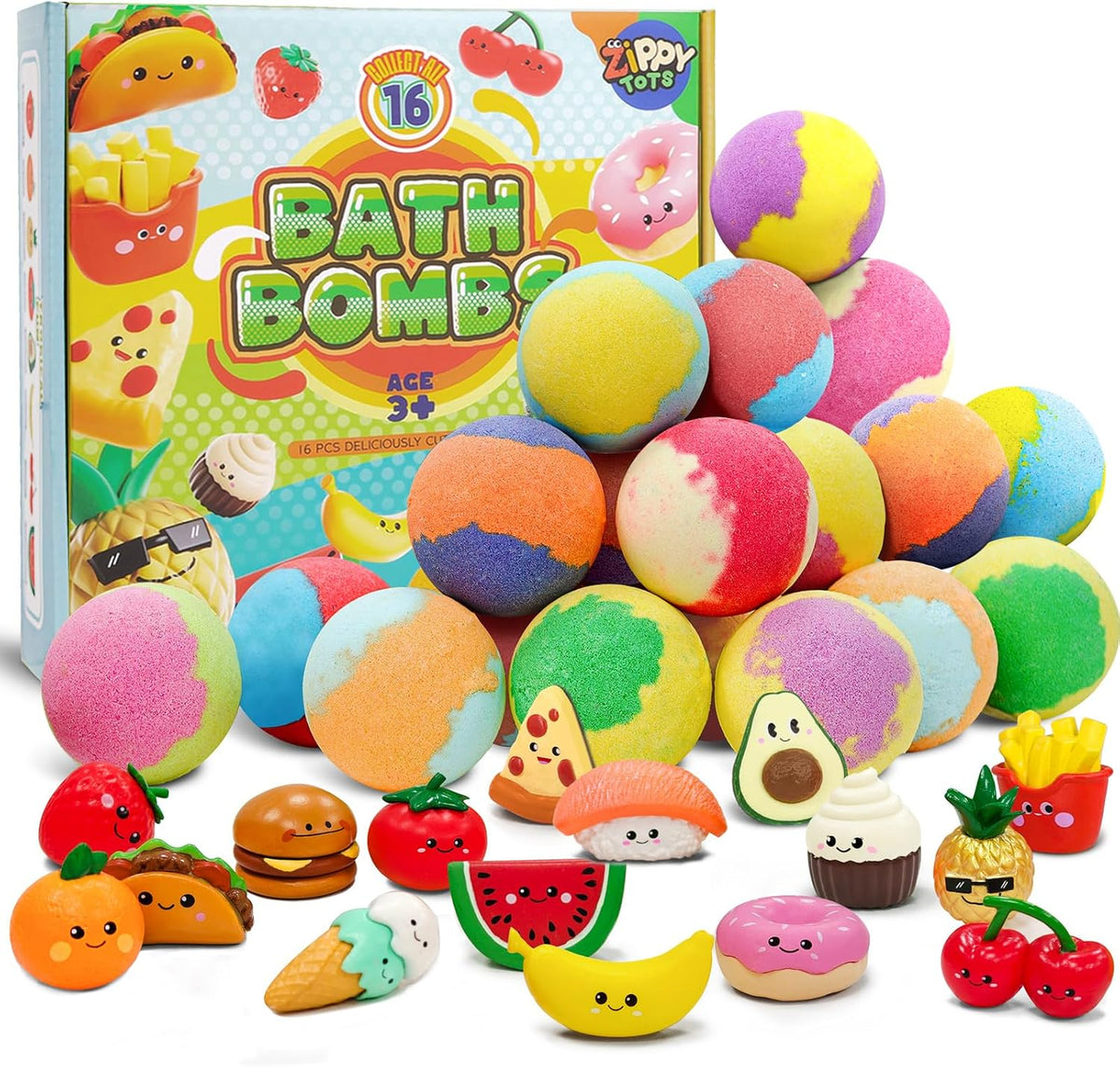 Bomba de baño para niños con juguetes comestibles adentro, paquete de 16 bombas efervescentes de colores sorpresa, bombas de baño orgánicas efervescentes con burbujas para niñas y niños, edades 3+
