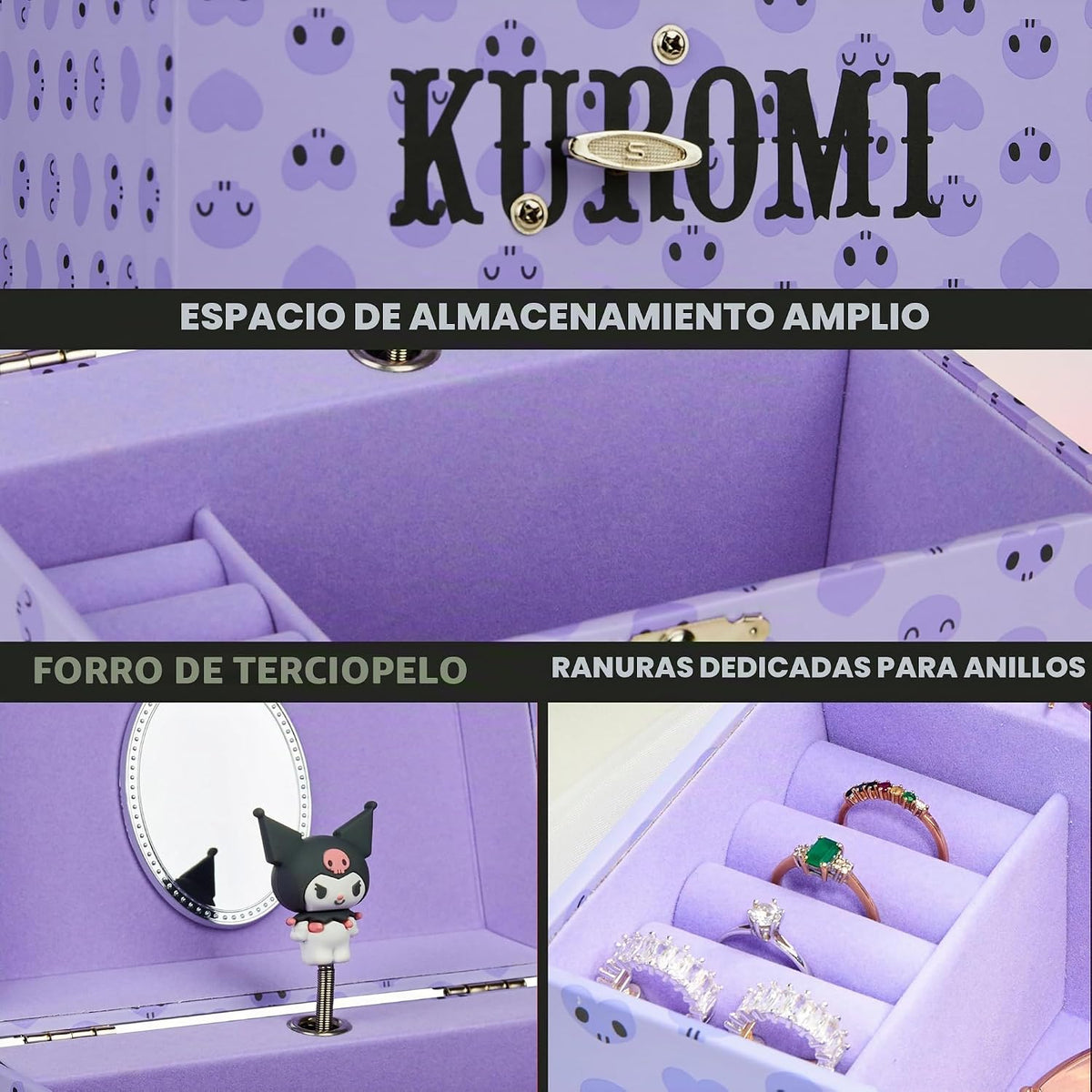 Get Trend Hello Kitty Sanrio Kuromi - Joyero musical para niñas, adolescentes y mujeres, caja de música kawaii, organizador de joyas, soporte para anillos, regalos para mujeres (púrpura Kuromi)