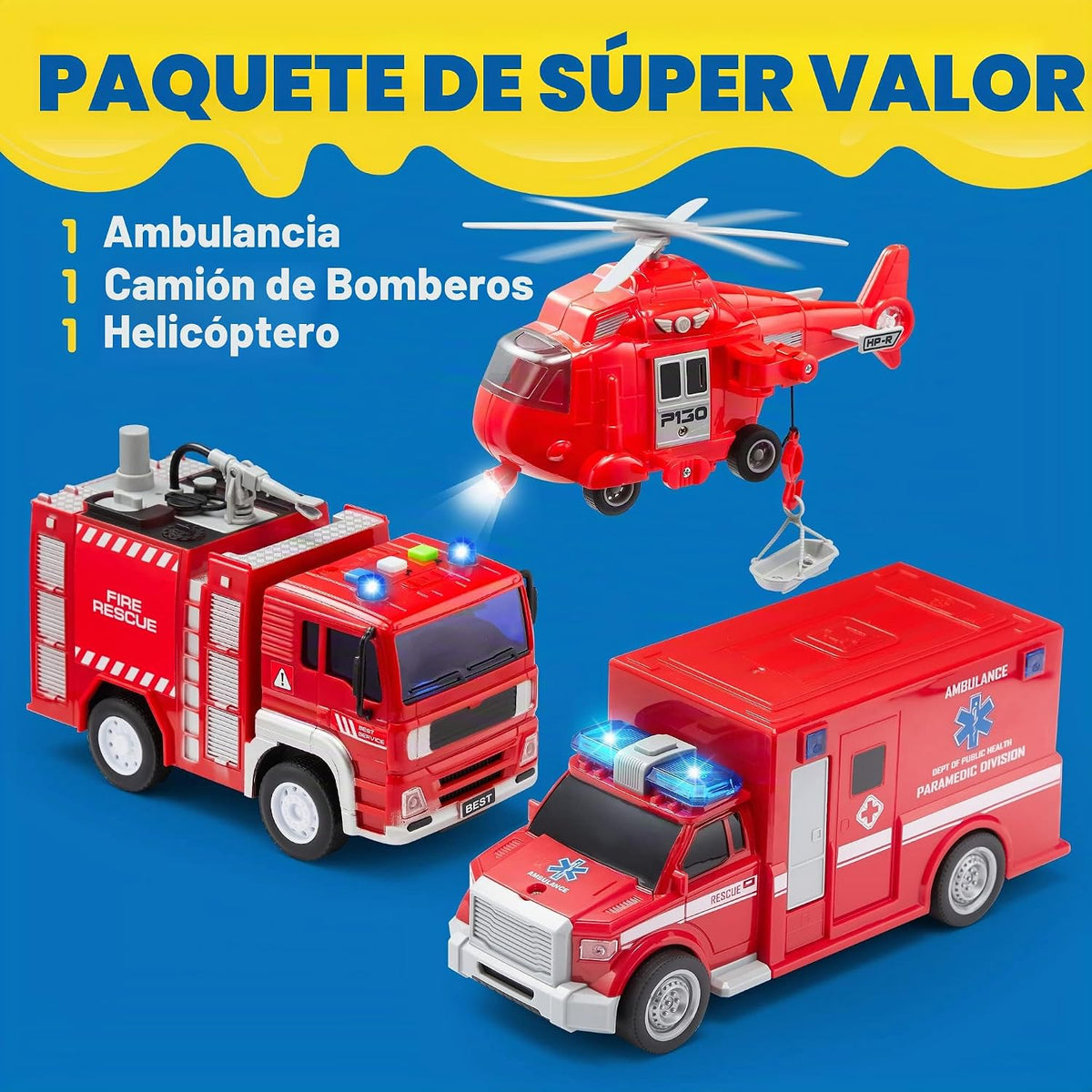 JOYIN Camión de bomberos de juguete para niños de 3, 4, 5, 6, 7 años, camión de bomberos, vehículo de emergencia, camión de bomberos para niños, automóvil alimentado por fricción con luces y sonidos, regalos de cumpleaños para niños y niñas de 3 a 9 años