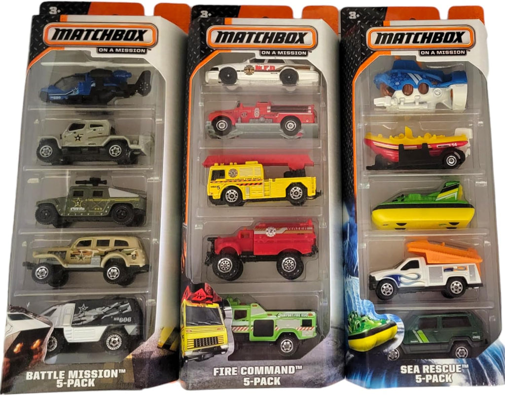 Matchbox Juego de 15 autos de juguete y camiones con 3 paquetes temáticos de 5 vehículos fundidos a escala 1:64 (los estilos variarán)