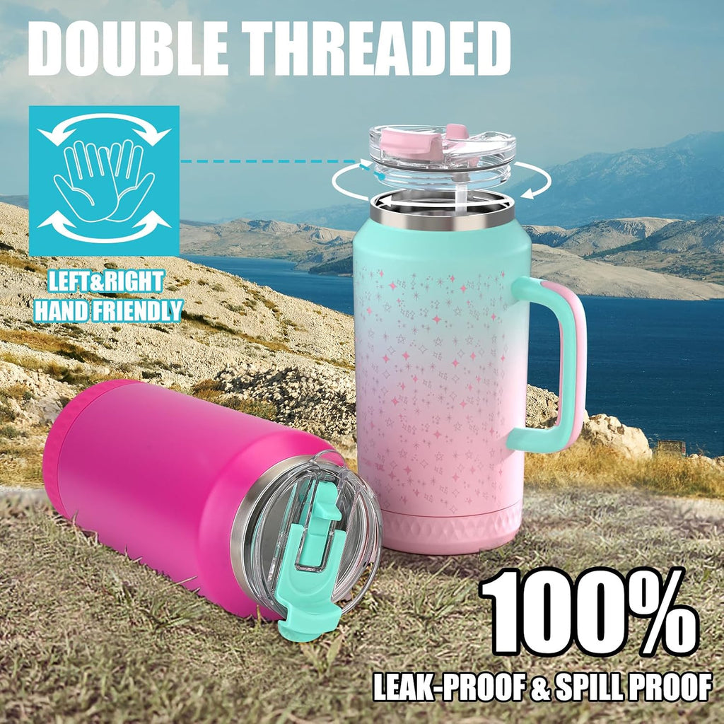 Hydraful Vaso de 64 onzas con asa y pajilla, 100% a prueba de fugas, vaso aislado reutilizable, botella de agua grande de acero inoxidable, taza de viaje para gimnasio, senderismo y campamento