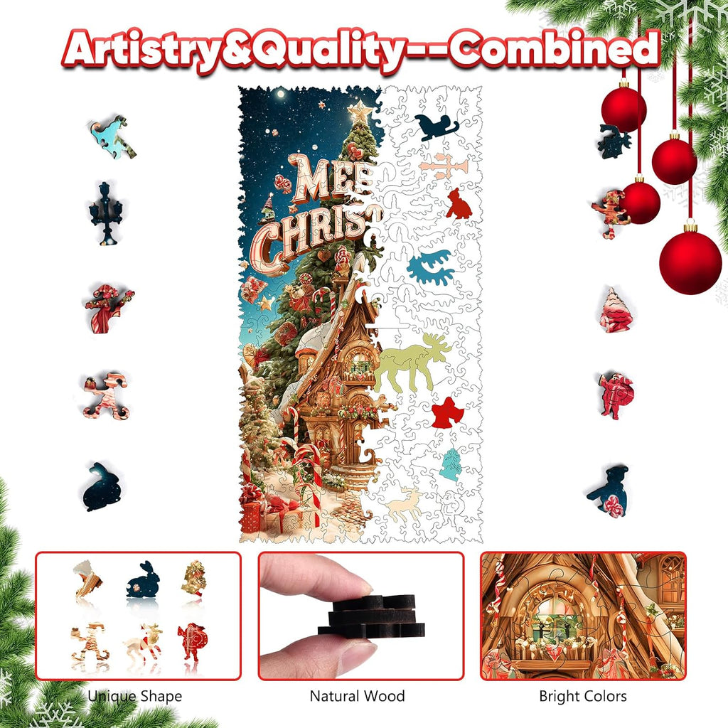 Rompecabezas de árbol de Navidad y casa de nieve de madera para adultos de 500 piezas, rompecabezas de forma única de invierno de 5MM para nietos, decoración de vacaciones, regalos, juego