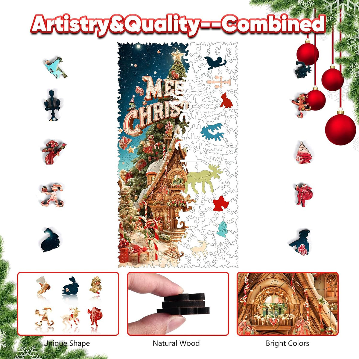 Rompecabezas de árbol de Navidad y casa de nieve de madera para adultos de 500 piezas, rompecabezas de forma única de invierno de 5MM para nietos, decoración de vacaciones, regalos, juego