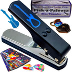 Gran kit de Pick-a-Palooza para hacer tus propias púas para guitarra, para regalo. Dispositivo prémium para fabricar púas. Cadena de cuero porta púas. 15 tiras para hacer púas, más una lima en forma de guitarra. Color azul, Azul/Plateado
