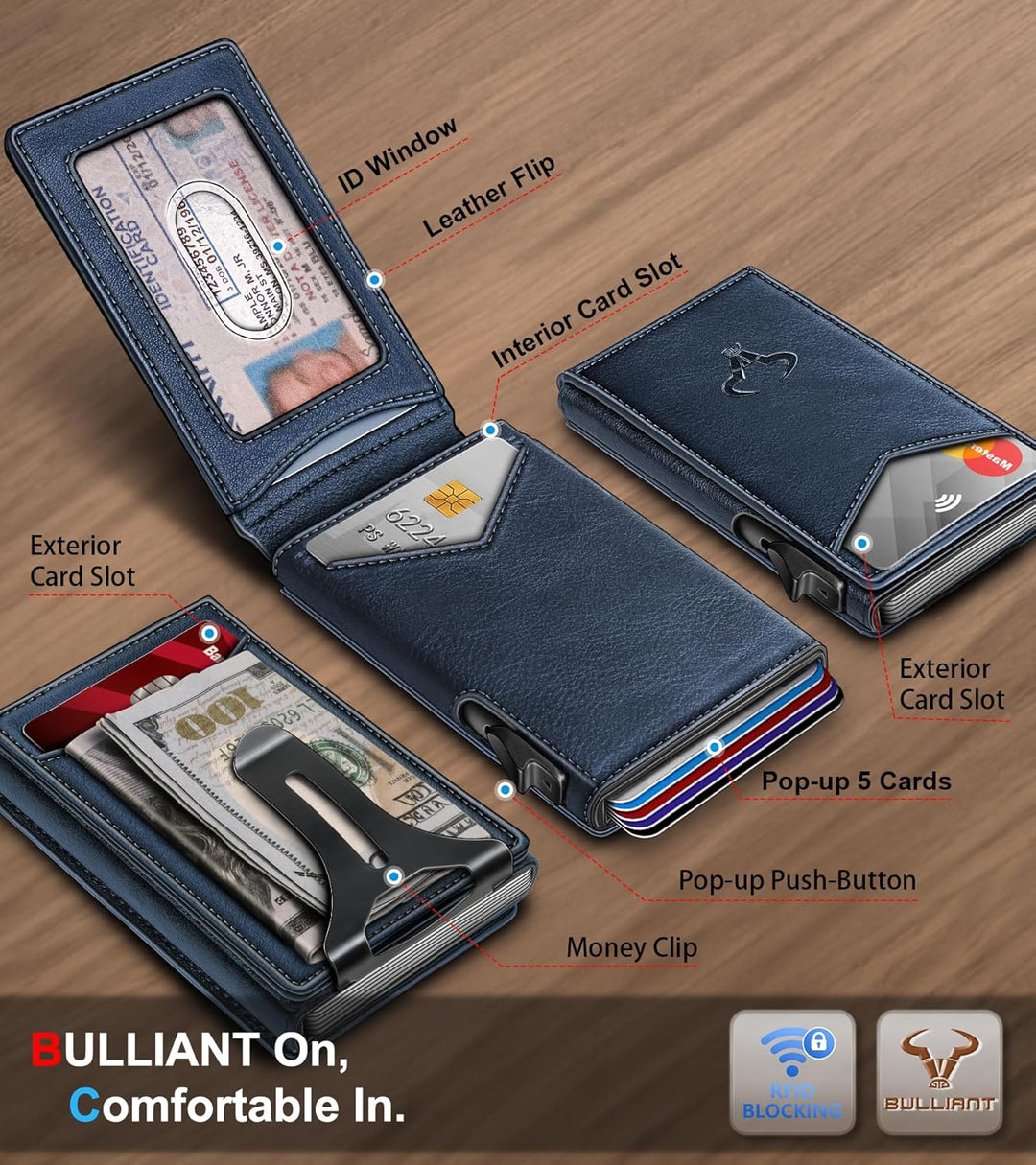 Cartera BULLIANT para hombre, cartera con clip para billetes delgad...