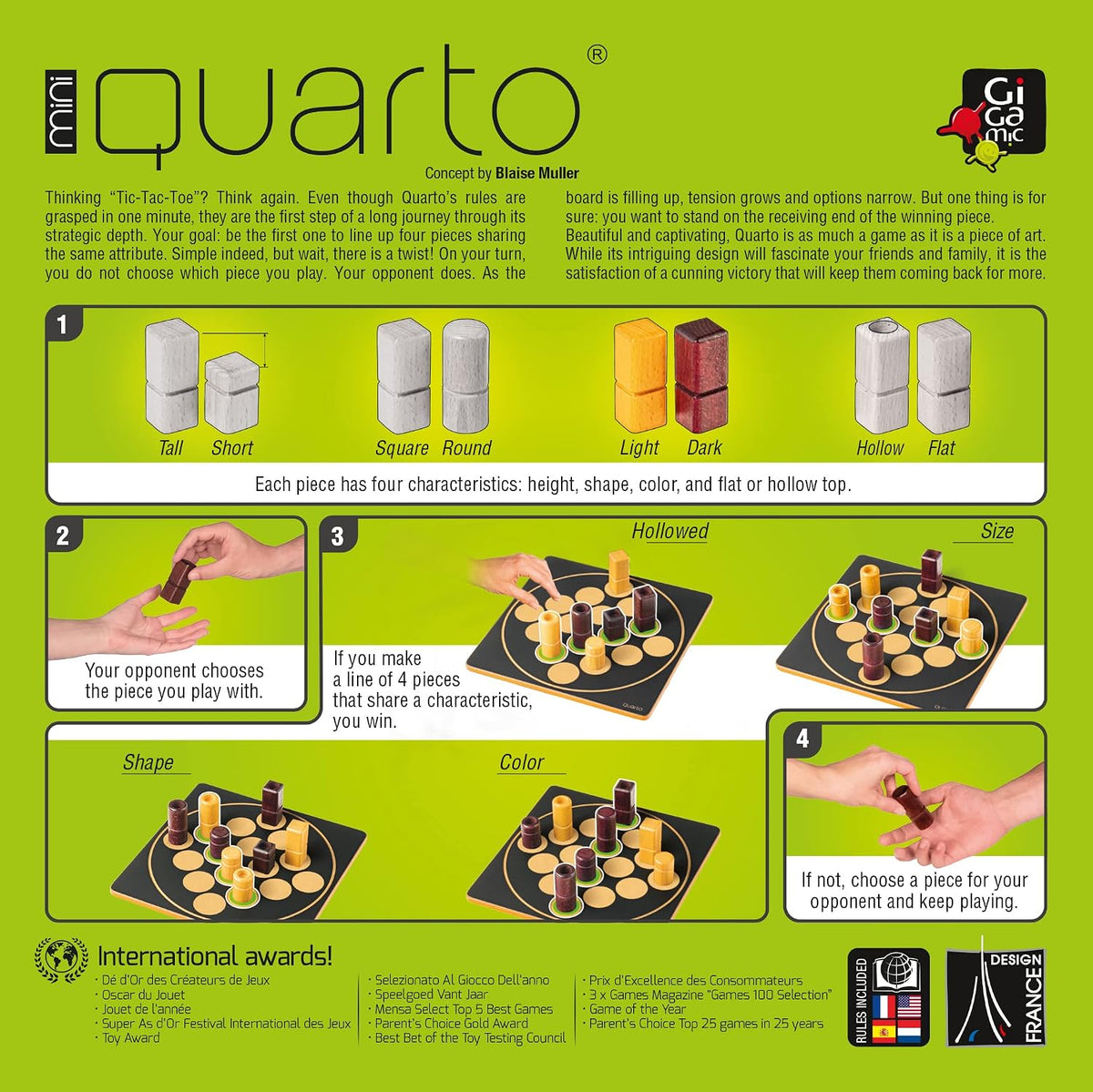 Quarto Mini | Ganador de Mensa Select | Versión para viajes del juego de estrategia abstracta de madera para niños y adultos | Favorito de la noche de juegos familiares | A partir de 8 años | 2 jugadores | 15 minutos