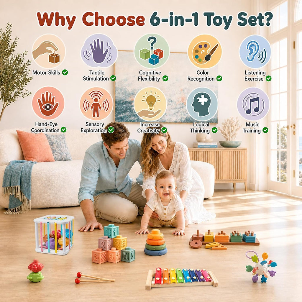 Set de Juguetes Montessori 6-en-1 para Bebés con Clasificador de Formas de Madera, Xilófono y Mordedor