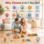 Set de Juguetes Montessori 6-en-1 para Bebés con Clasificador de Formas de Madera, Xilófono y Mordedor