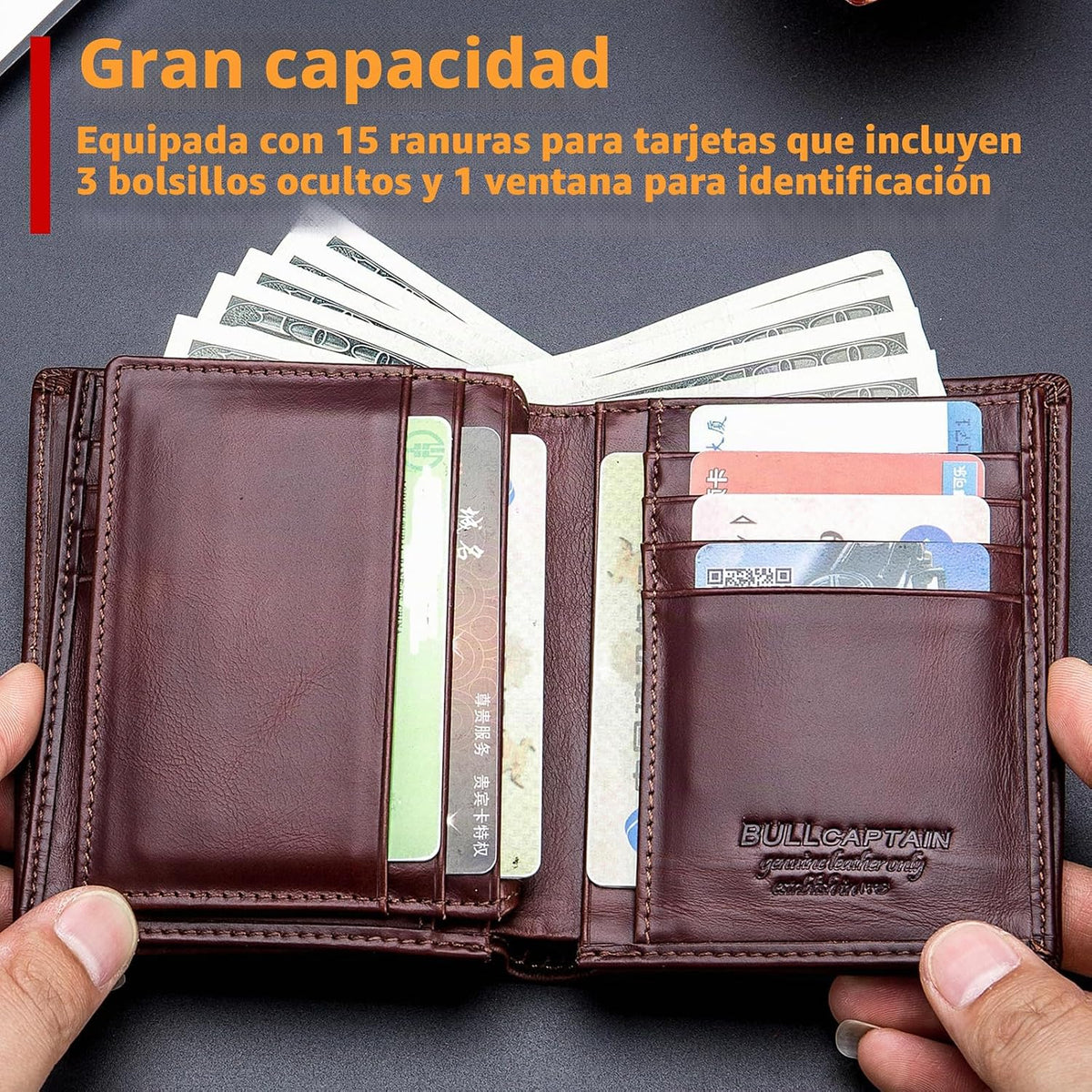 BULLCAPTAIN Cartera de cuero genuino plegable de gran capacidad para hombres con 15 ranuras para tarjetas QB-027