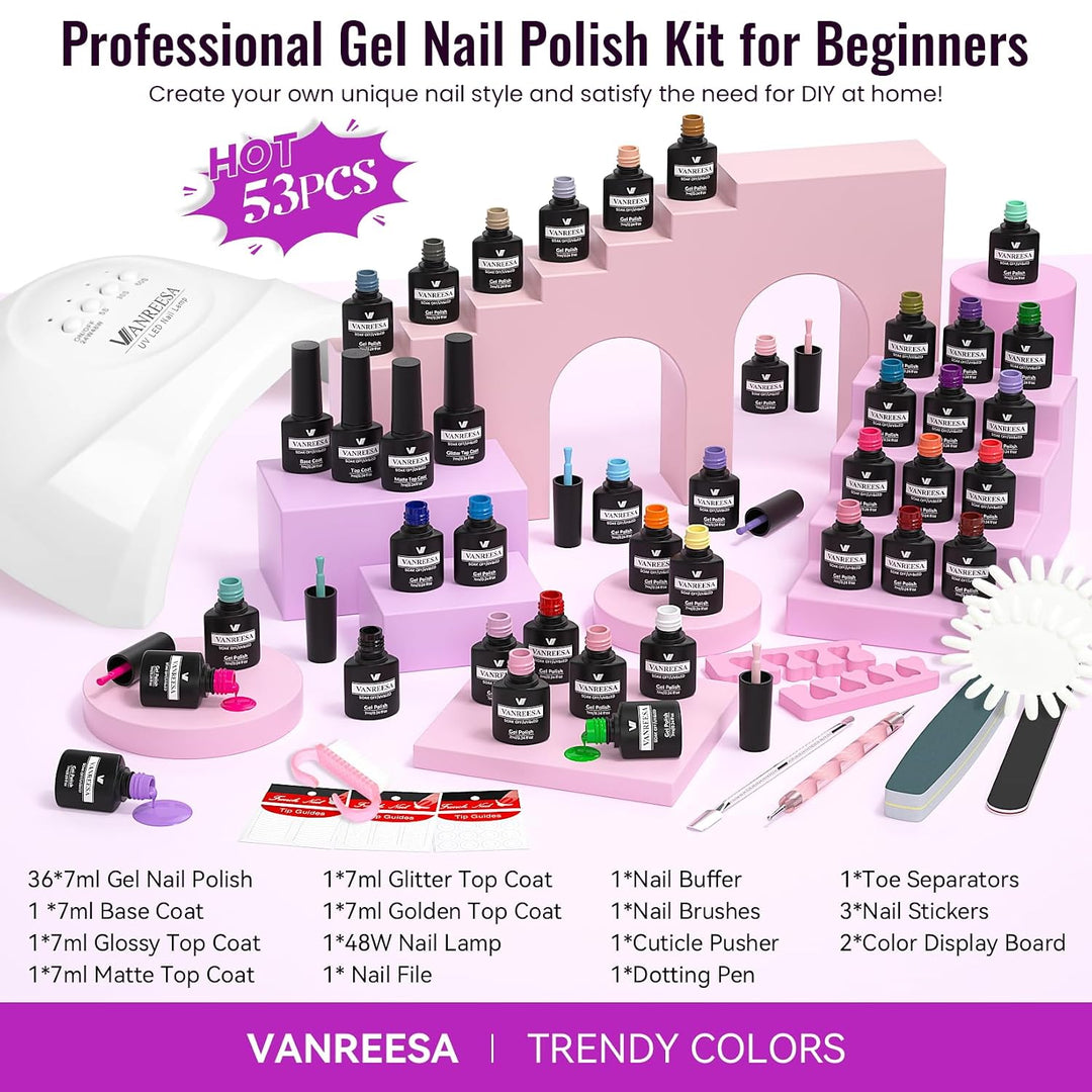 VANREESA Kit de esmalte de uñas de gel con luz UV, 53 piezas, juego...