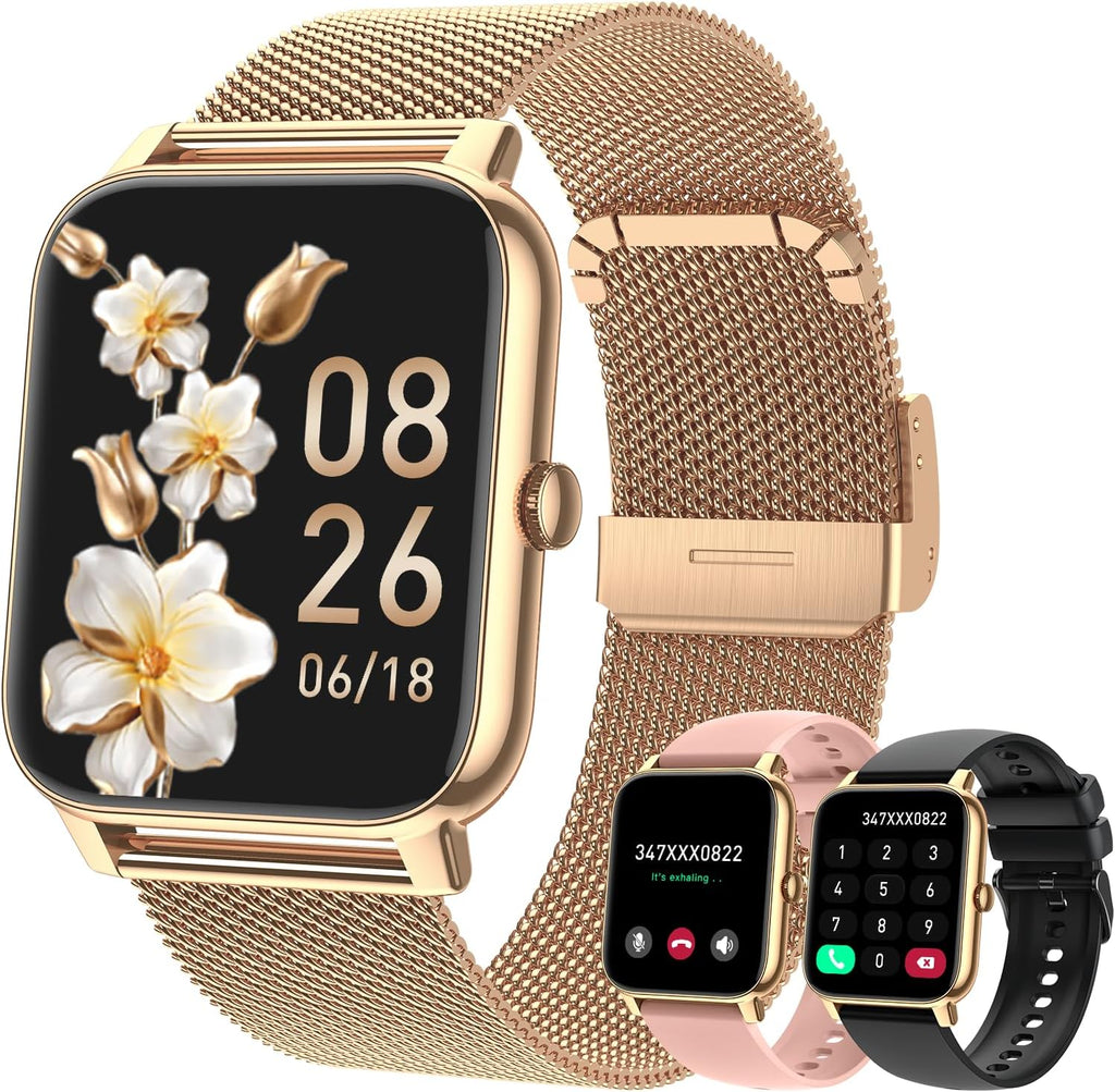 Reloj inteligente para mujer con rastreador de fitness: relojes inteligentes dorados para mujer, relojes digitales para hombre, hacer/responder llamada, impermeable, reloj inteligente para correr