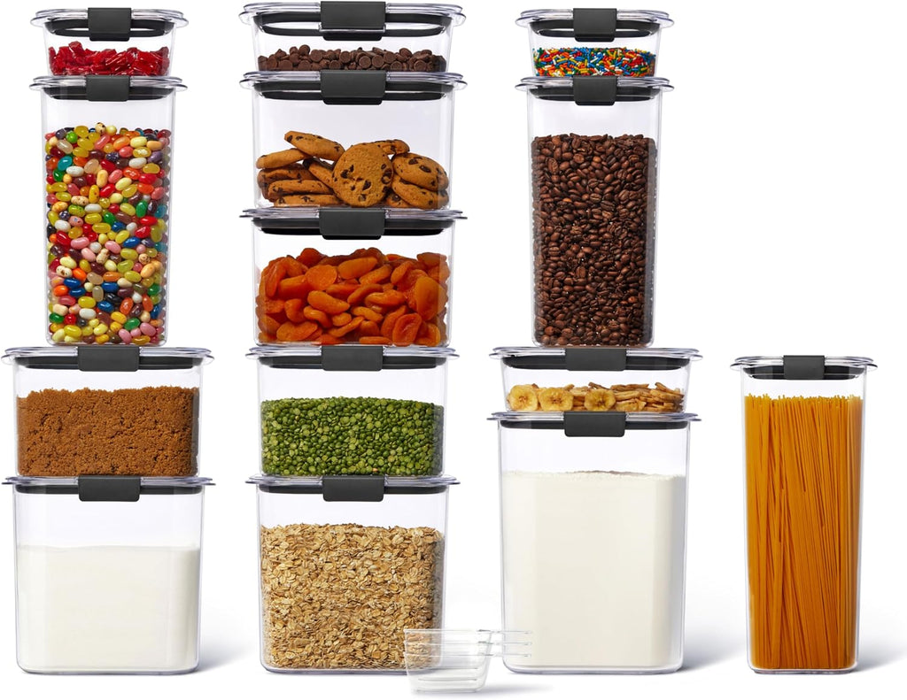 Rubbermaid Brilliance - Juego de recipientes de almacenamiento de alimentos de 14 piezas con cucharas herméticas sin BPA para organización de cocina y despensa