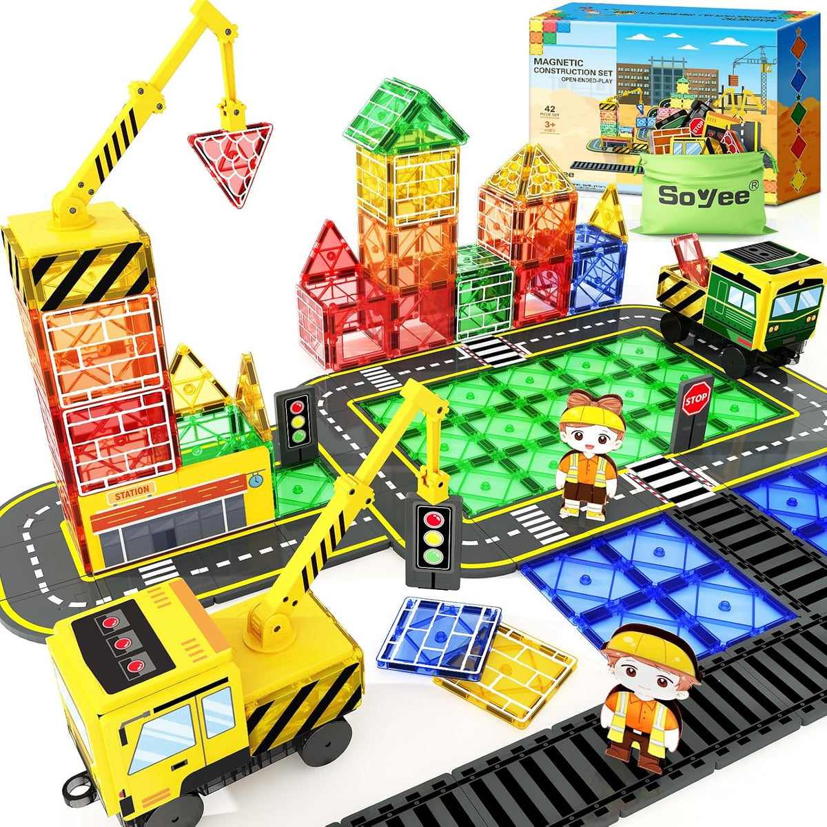 Magnetic Tiles con 2 Cranes, Magnetic Construction Toys STEM Building Toys