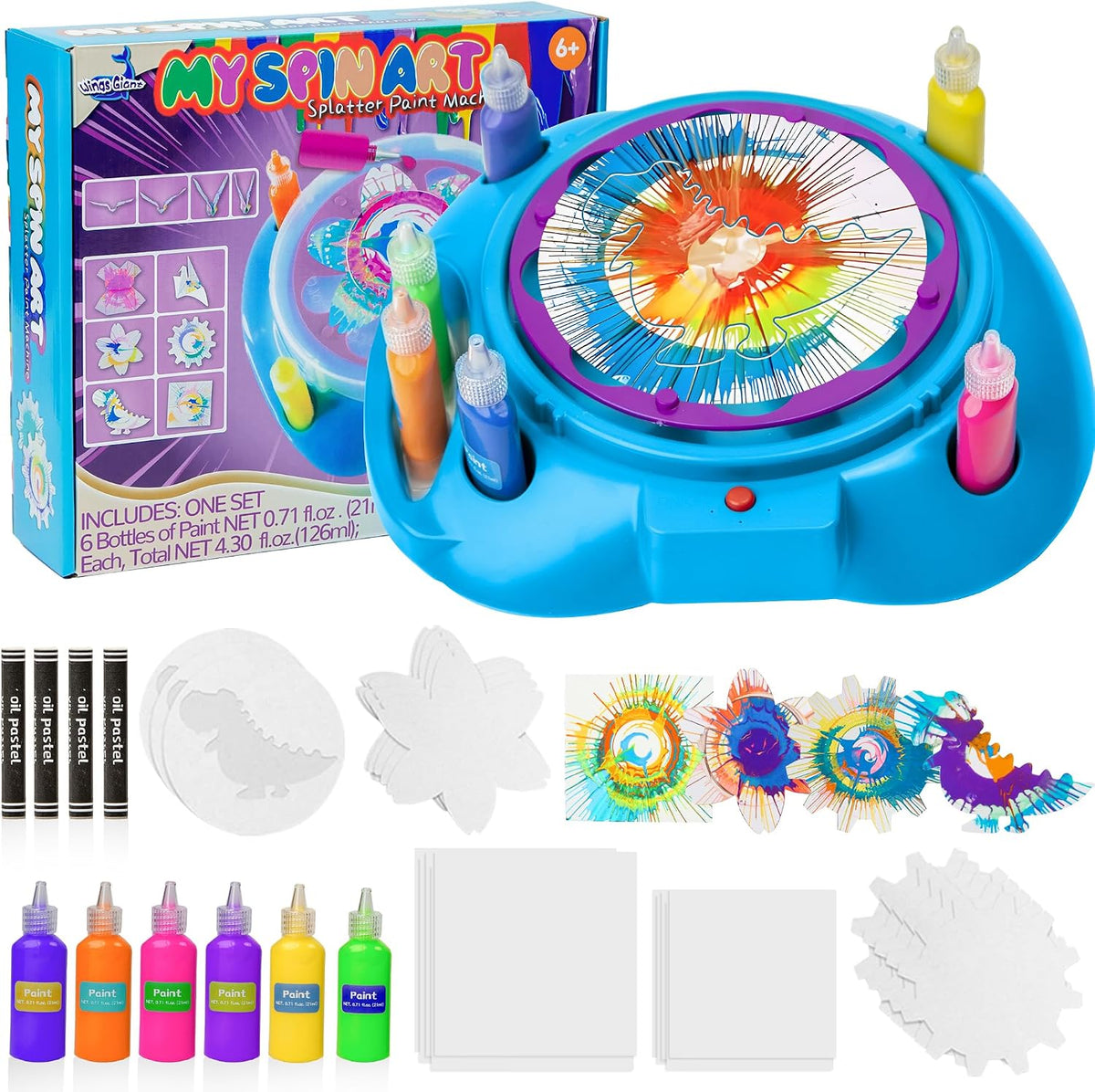 Wings Giant Spin Art Machine de velocidad variable, funciona con pilas, hilandero de pintura con protector de salpicaduras, pintura lavable, kit de arte giratorio, tarjeta de diseño artístico, juguetes de tronco, artes y manualidades para niños, niñas y n