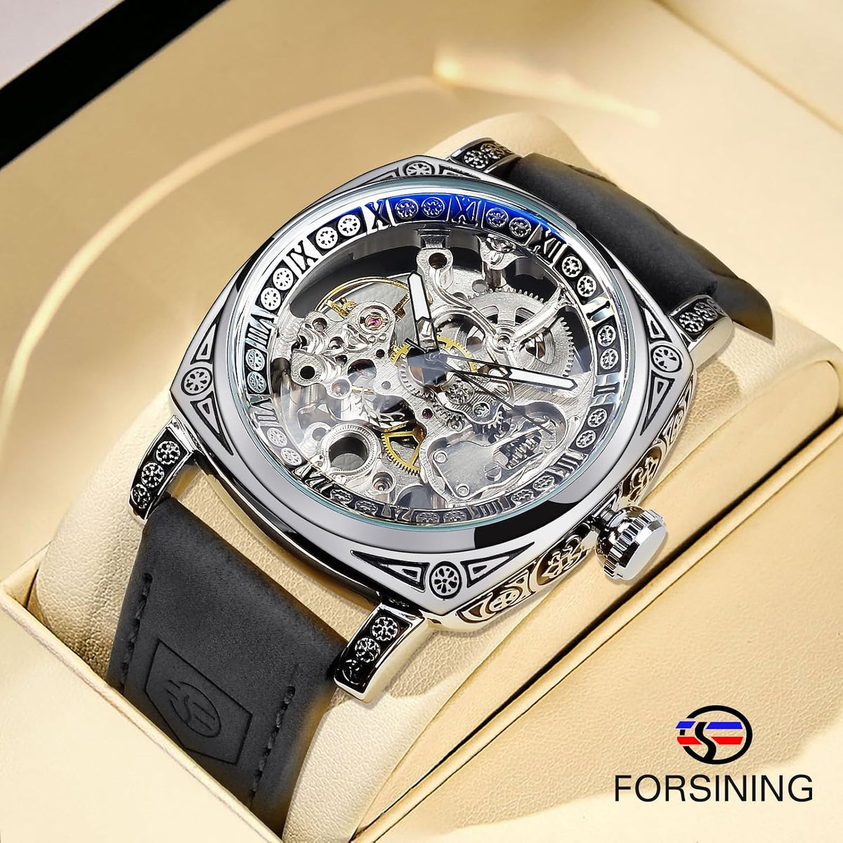 FORSINING Relojes para Hombre, Reloj Mecánico Retro Cuadrado Automático Tallado, Reloj de Pulsera Esqueleto de Cuero Vintage con Correa de Cuero