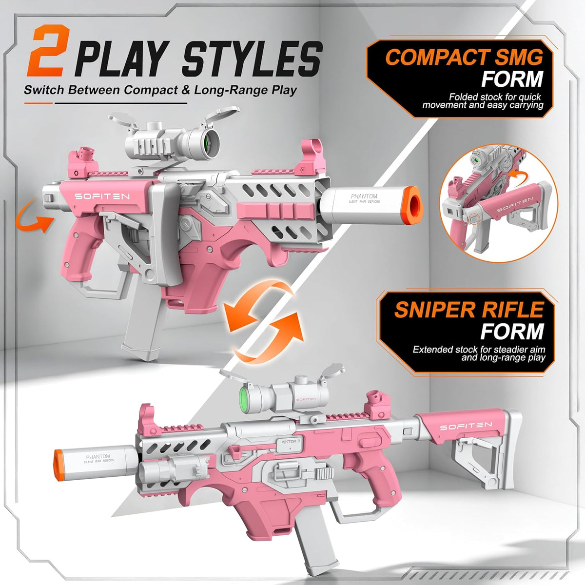 SOFITEN Pistola de juguete con rifle de francotirador automático con kit de chaleco táctico, juguete de alcance, juguetes de dardos de espuma con 120 dardos IR y linterna, juego de actividades al aire libre, regalo de cumpleaños y Navidad para niños a par