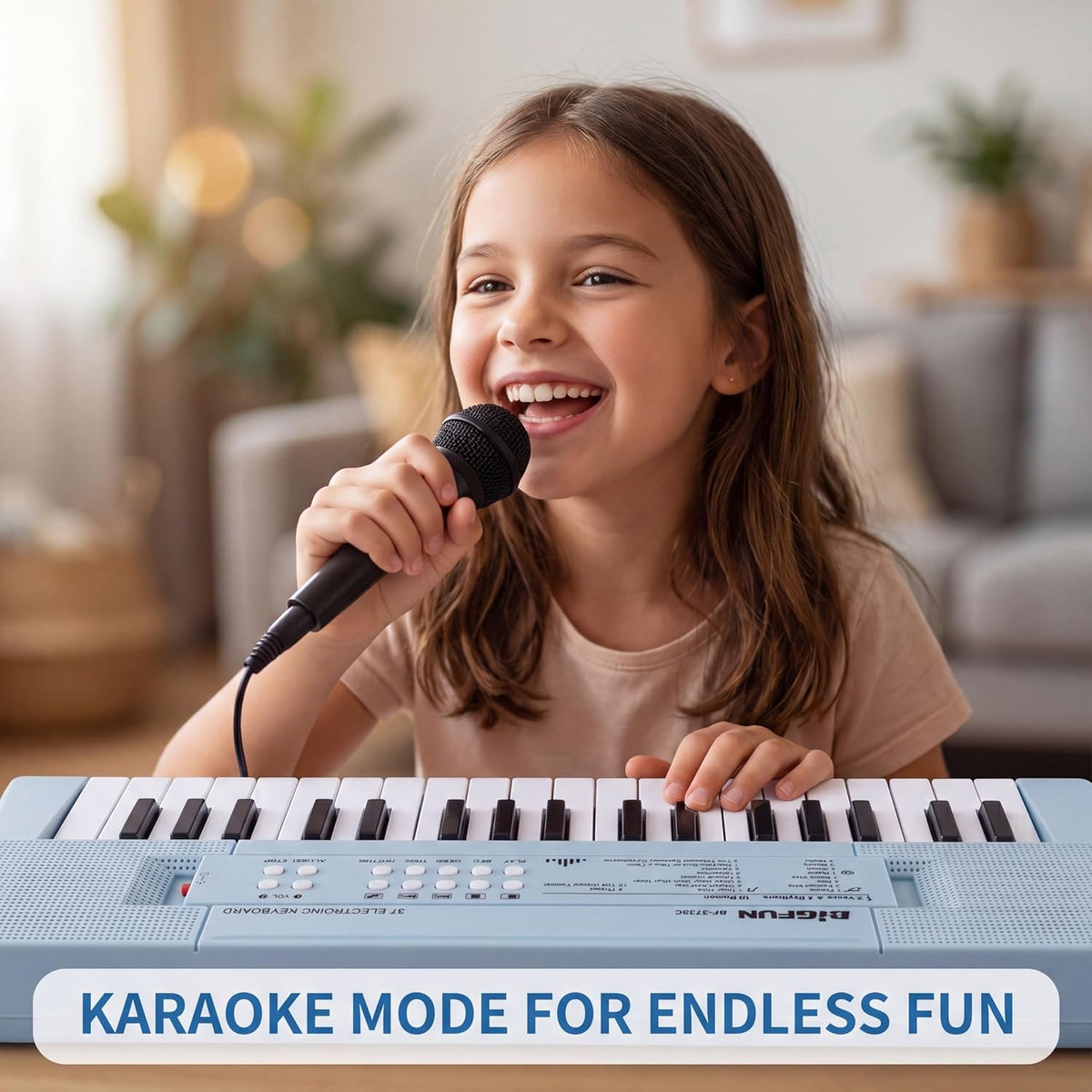 Piano infantil de 37 teclas con micrófono, teclado de música, azul