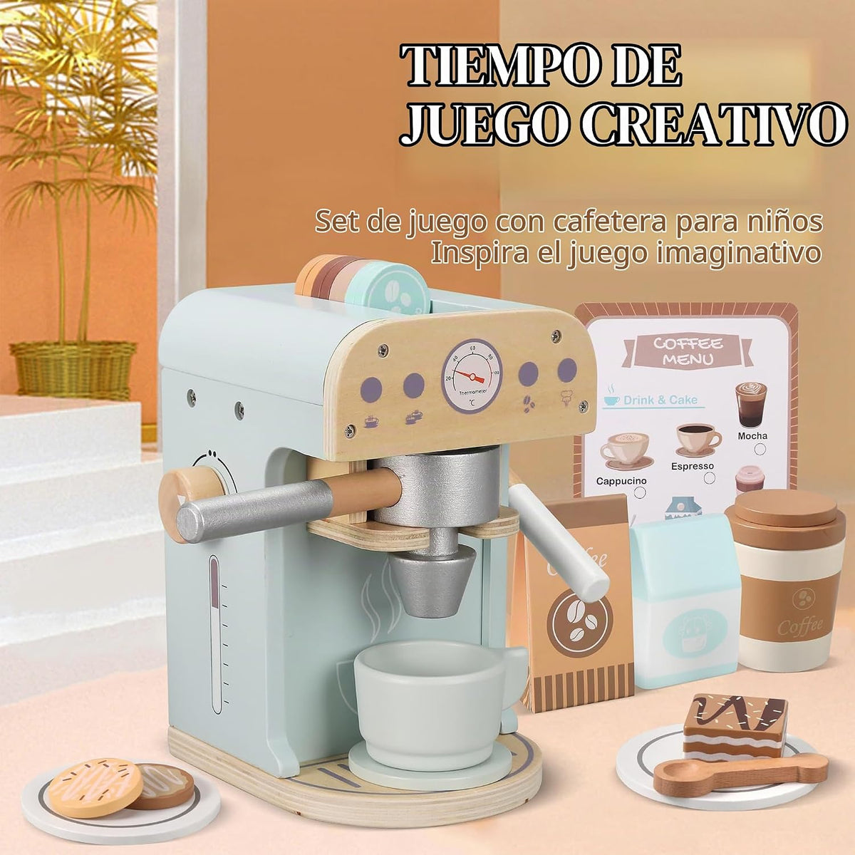 Juguete para cafeteras de madera para niños, electrodomésticos de cocina y accesorios de juguete para niños pequeños, regalo para niñas y niños