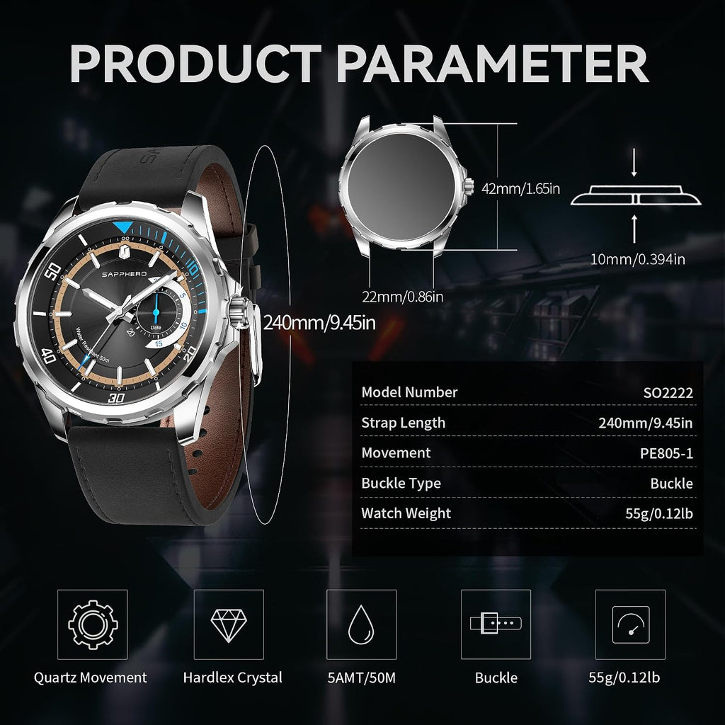 SAPPHERO Reloj para hombre con subesfera de fecha/esfera de números arábigos, cuarzo analógico, correa de acero inoxidable/piel, 164 ft impermeable, reloj de pulsera de vestir casual para trabajo de