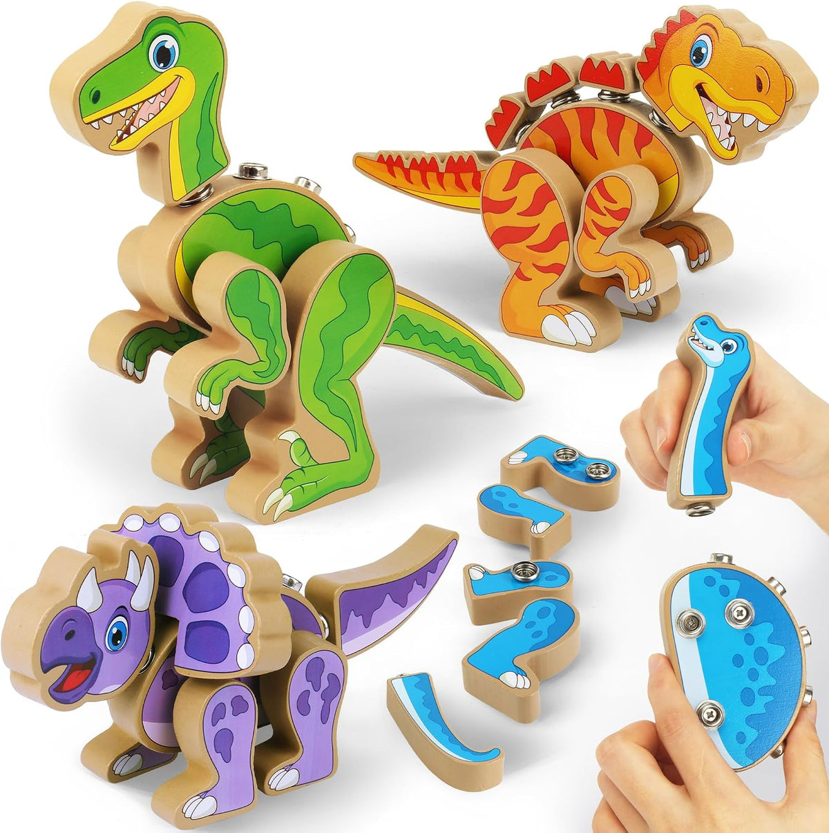 Coogam Construye Tus Propios Dinosaurios de Juguete, Set de Juego de Construcción de Dinosaurios que se Ensamblan, Constructor de Dinosaurios STEM de Madera Desmontable, Juguete de Construcción