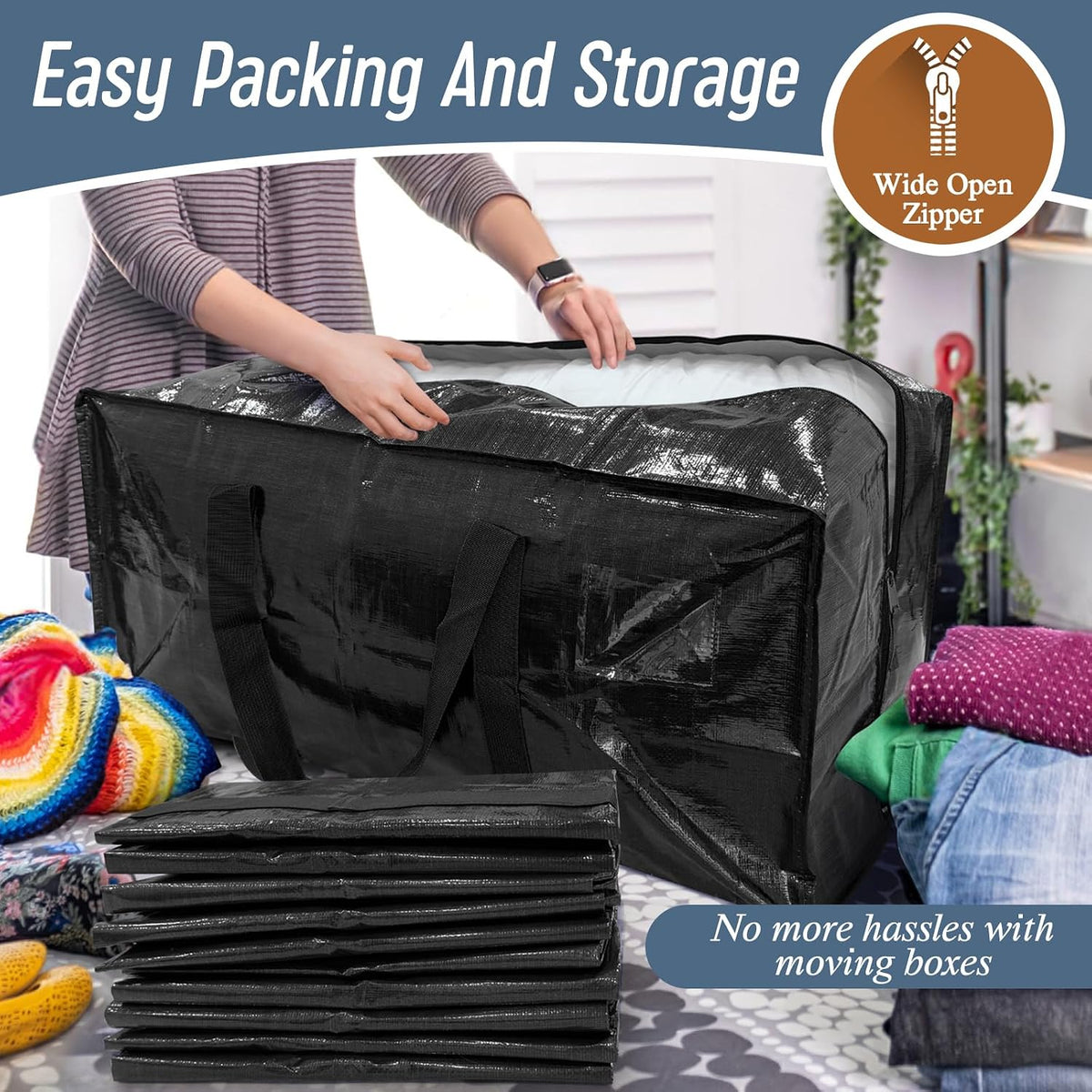 6 paquetes de bolsas de almacenamiento extra resistentes y extra grandes para mudanzas con cremalleras fuertes y asas cómodas, bolsas de almacenamiento para ropa resistentes y duraderas, contenedores