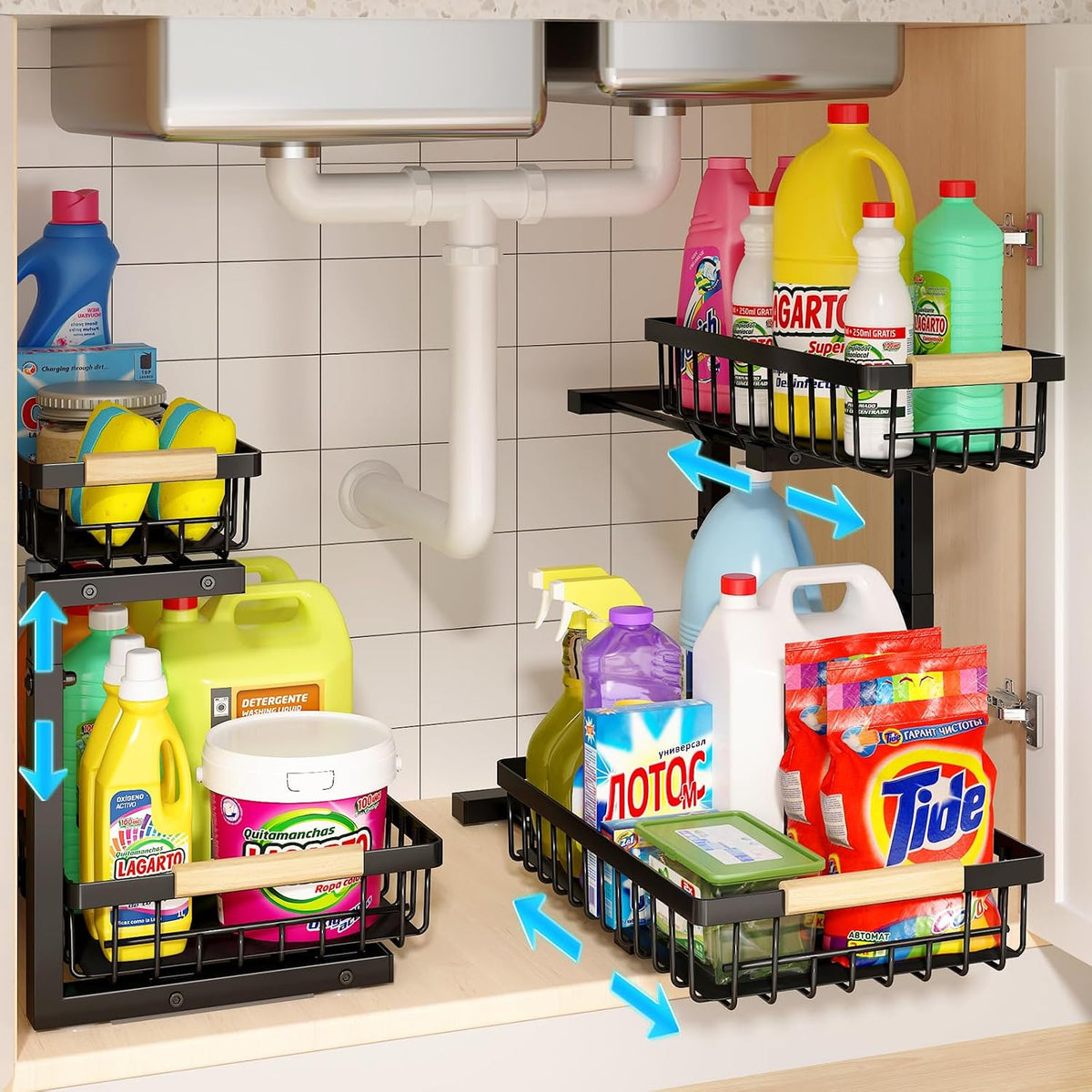Organizador para debajo del fregadero, paquete de 2 organizadores y almacenamiento de altura ajustable debajo del fregadero, 2 niveles de cajón extraíble para almacenamiento para cocina y baño