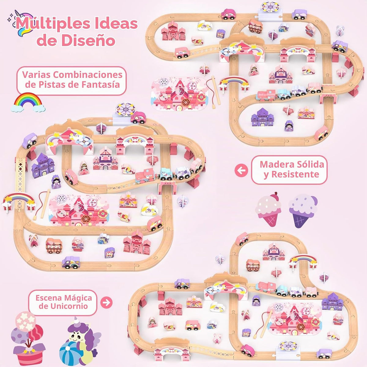 Juego de tren de madera de unicornio de lujo de 105 piezas para niñas con