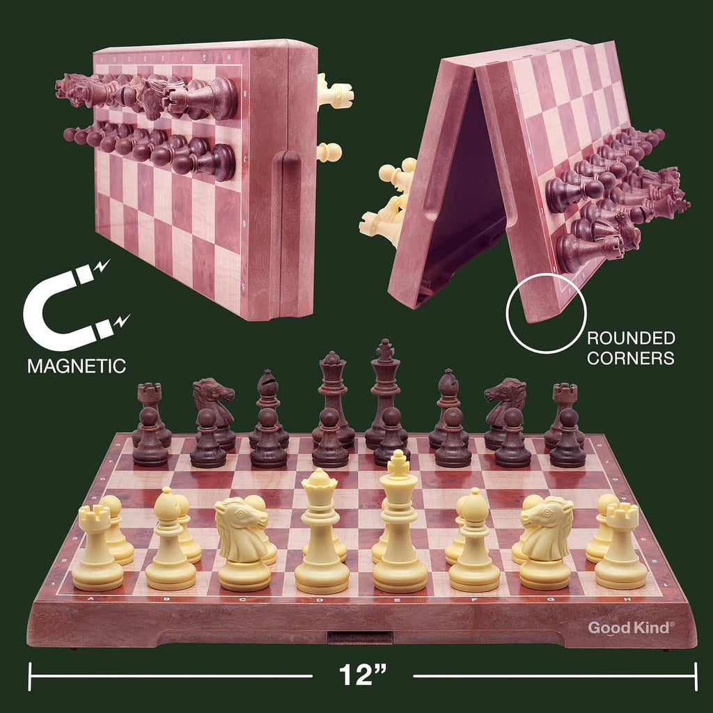 Juego de ajedrez de viaje magnético para niños y adultos. Juego de mesa de ajedrez portátil de 12 x 12 pulgadas para principiantes y jugadores avanzados. Juegos de ajedrez para adultos con 2 reinas adicionales y 2 bolsas de almacenamiento para piezas de