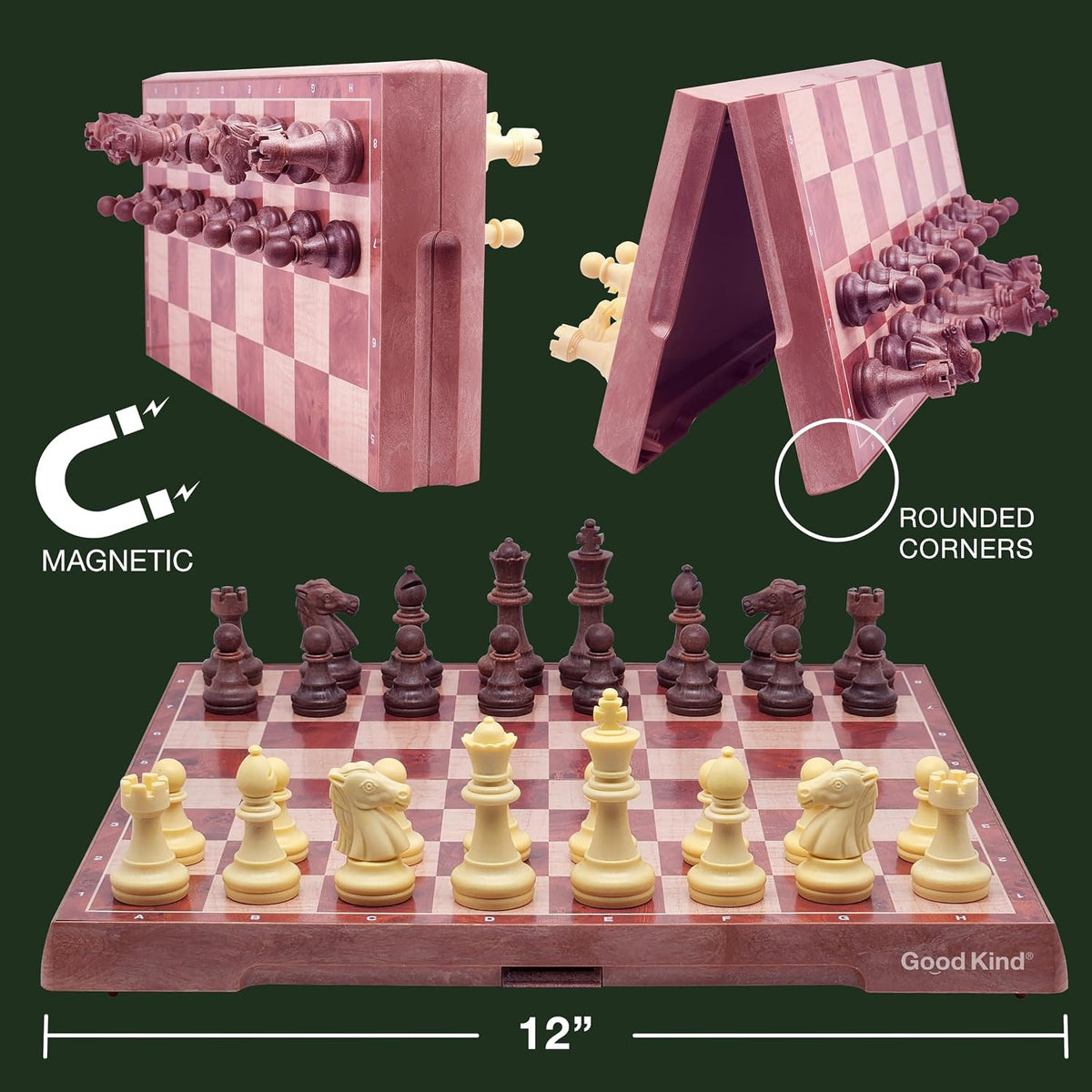 Juego de ajedrez de viaje magnético para niños y adultos. Juego de mesa de ajedrez portátil de 12 x 12 pulgadas para principiantes y jugadores avanzados. Juegos de ajedrez para adultos con 2 reinas adicionales y 2 bolsas de almacenamiento para piezas de