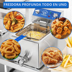TOPKITCH Freidora Eléctrica de 6.3 Qt con Drenaje de Aceite, Temporizador de 30 Minutos, Tanque de Aceite con Formación por Estiramiento, Tapa y Cesta de Malla de Alambre Sólida, Freidora de Inmersión