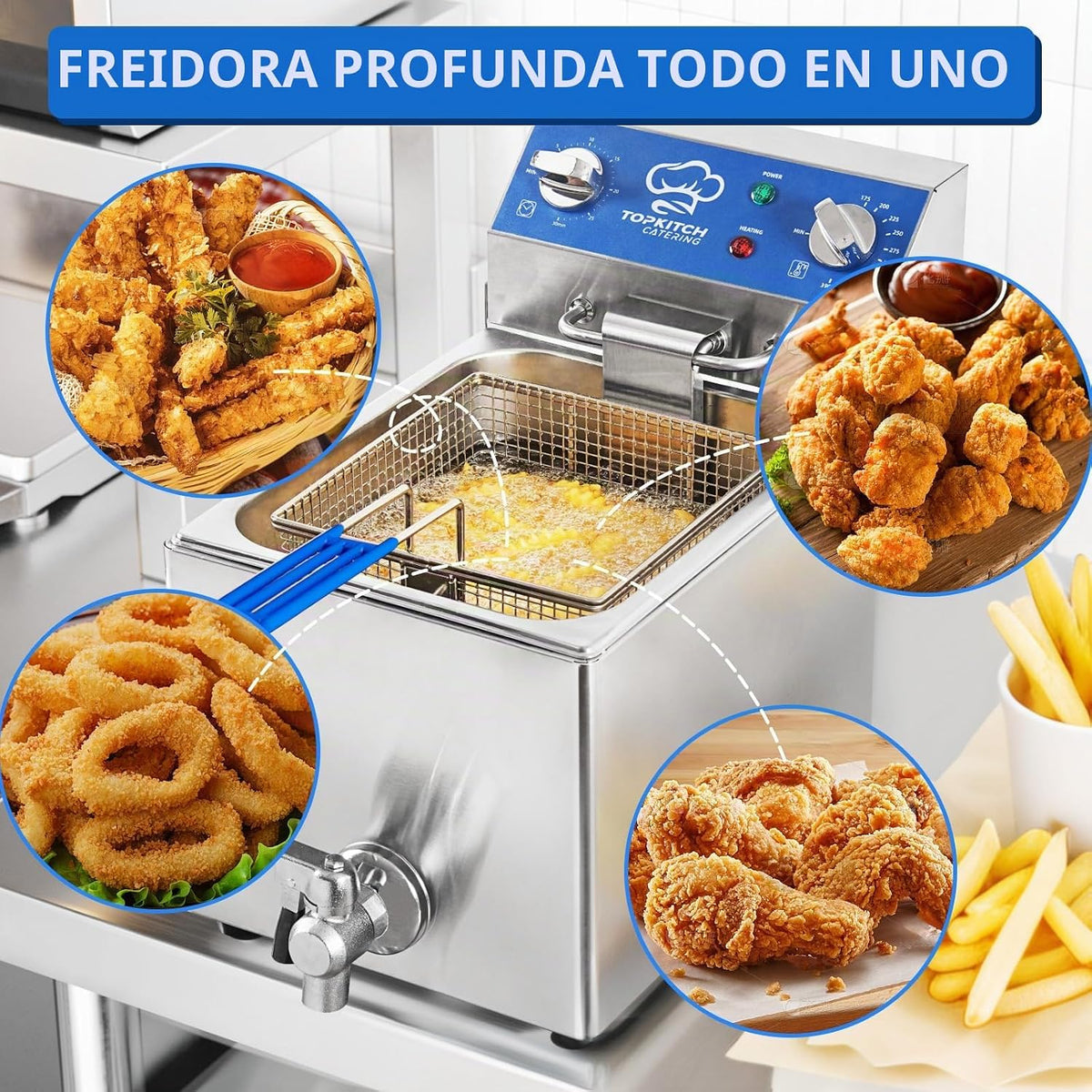 TOPKITCH Freidora Eléctrica de 6.3 Qt con Drenaje de Aceite, Temporizador de 30 Minutos, Tanque de Aceite con Formación por Estiramiento, Tapa y Cesta de Malla de Alambre Sólida, Freidora de Inmersión