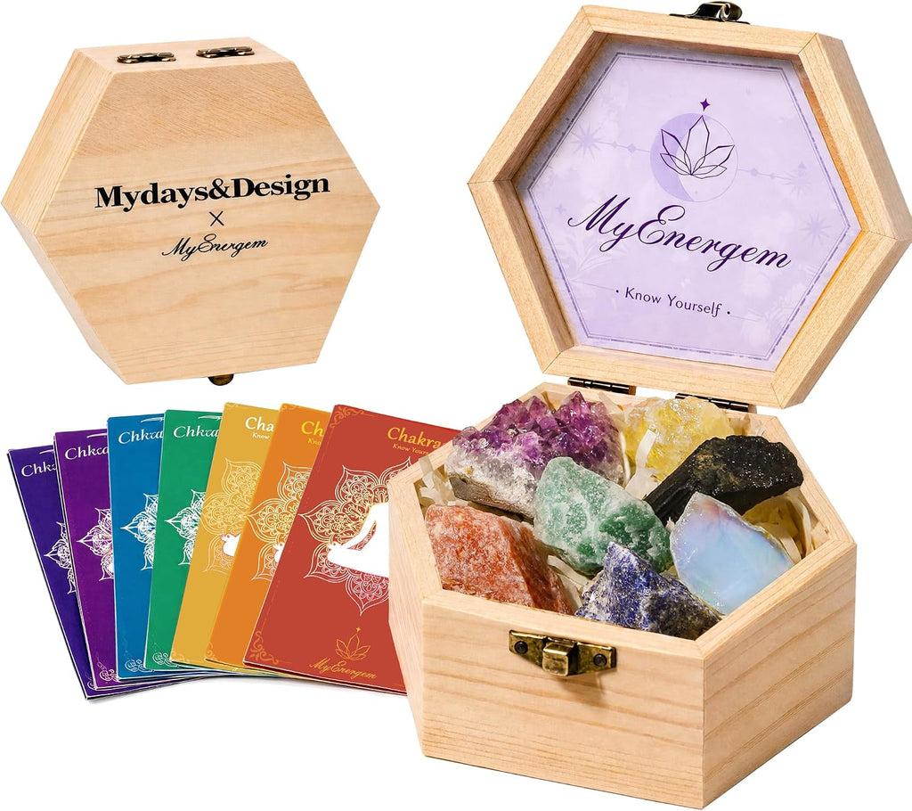 Juego de 7 cristales curativos de chakras con tarjetas guía