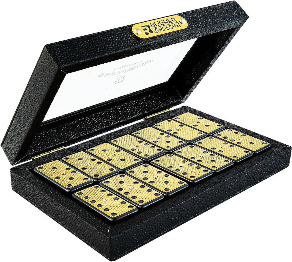 Bucher&Rossini Juego de dominó de superficie de metal doble 6 para adultos y niños – Juego de dominó clásico de 28 piezas de superficie de metal dorado, idea de regalo para jugadores de dominó o noche de juego familiar
