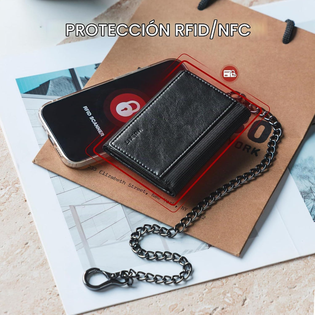 VULKIT Billetera para hombre con cadena antirrobo con bloqueo RFID, billetera triple plegable, diseño elegante, Negro, Cartera antirrobo