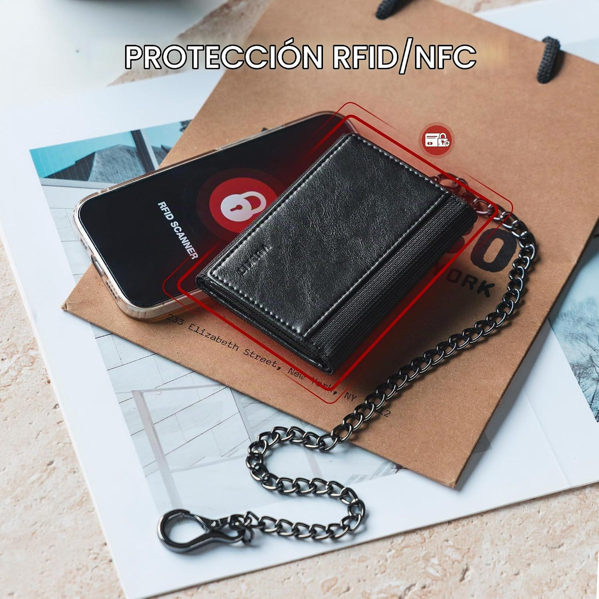 VULKIT Billetera para hombre con cadena antirrobo con bloqueo RFID, billetera triple plegable, diseño elegante, Negro, Cartera antirrobo