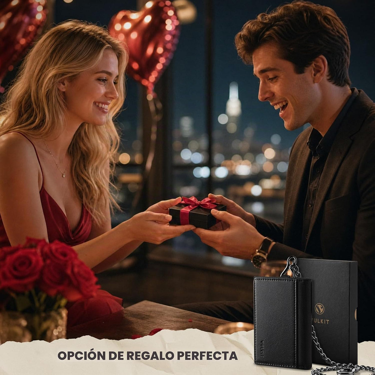 VULKIT Billetera para hombre con cadena antirrobo con bloqueo RFID, billetera triple plegable, diseño elegante, Negro, Cartera antirrobo