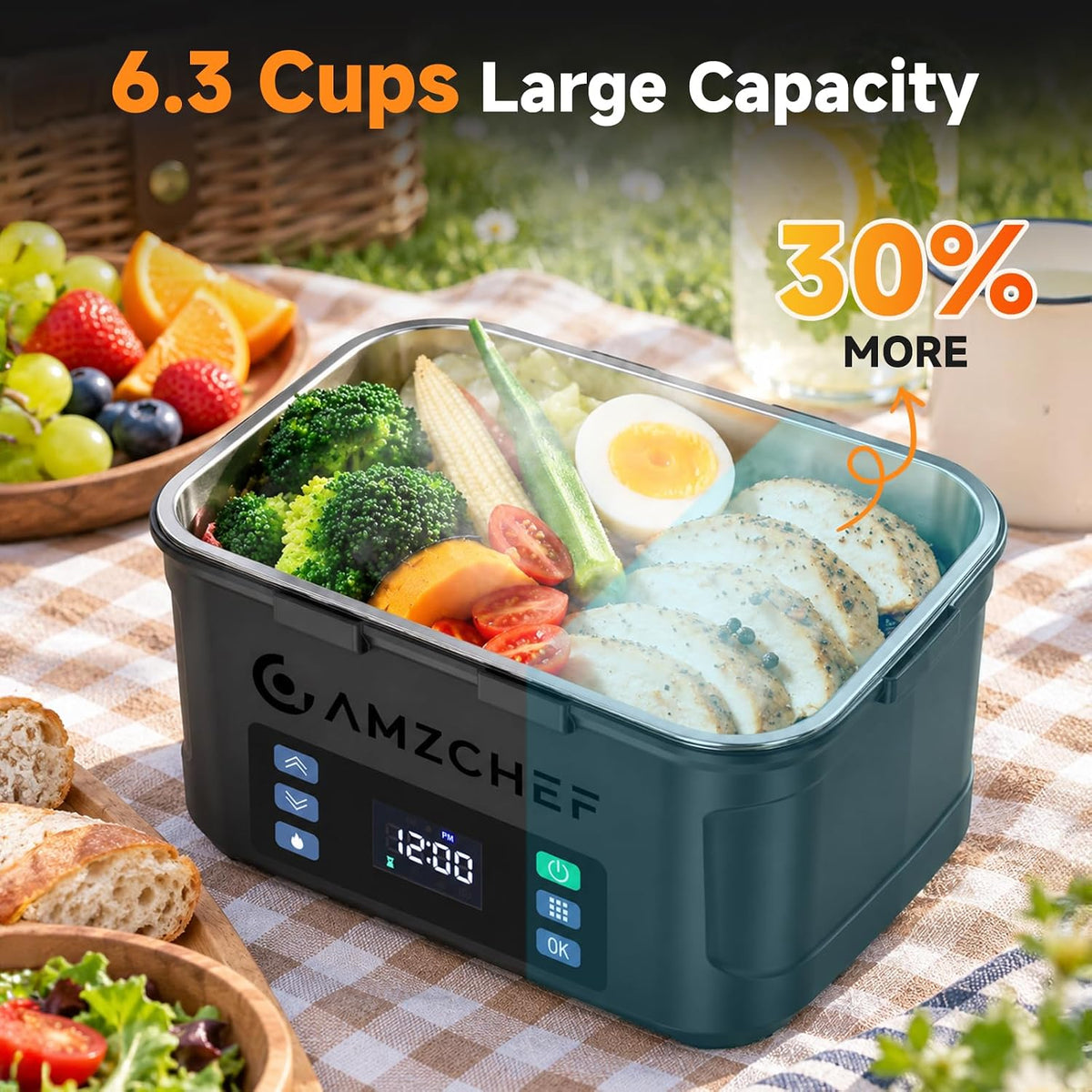 AMZCHEF Fiambrera eléctrica inalámbrica portátil, calentador de alimentos