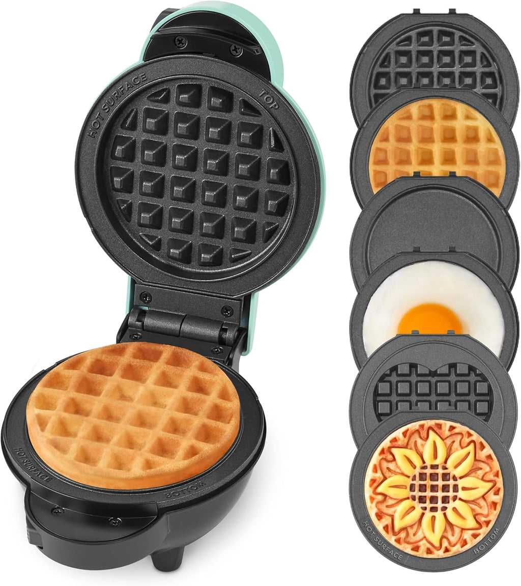 Dash MultiMaker Mini Maker - Máquina compacta para hacer gofres para desayunos familiares - Placas de plancha extraíbles y superficie antiadherente - 6 platos y estuche de almacenamiento - Aqua
