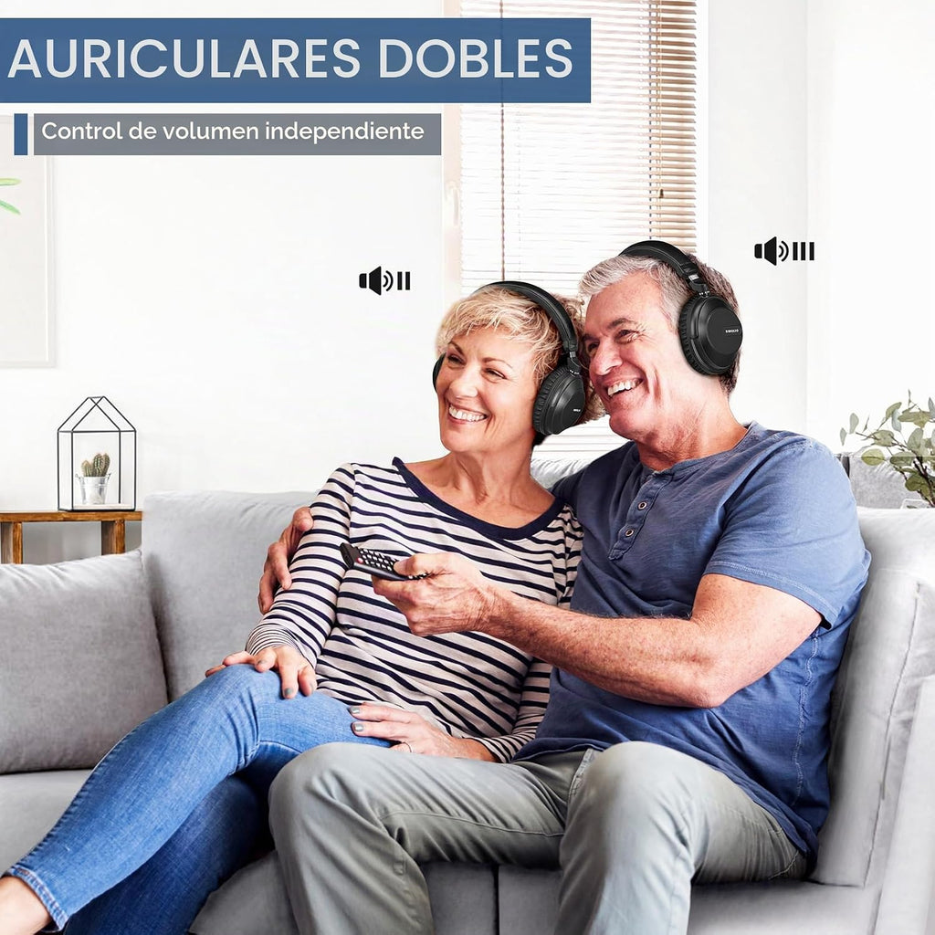 SIMOLIO 737D Plus - Auriculares inalámbricos para ver TV, By-Pass a barra de sonido, modos de diálogo claro y cine, auriculares duales con volumen mejorado Bluetooth para personas mayores, sin demora